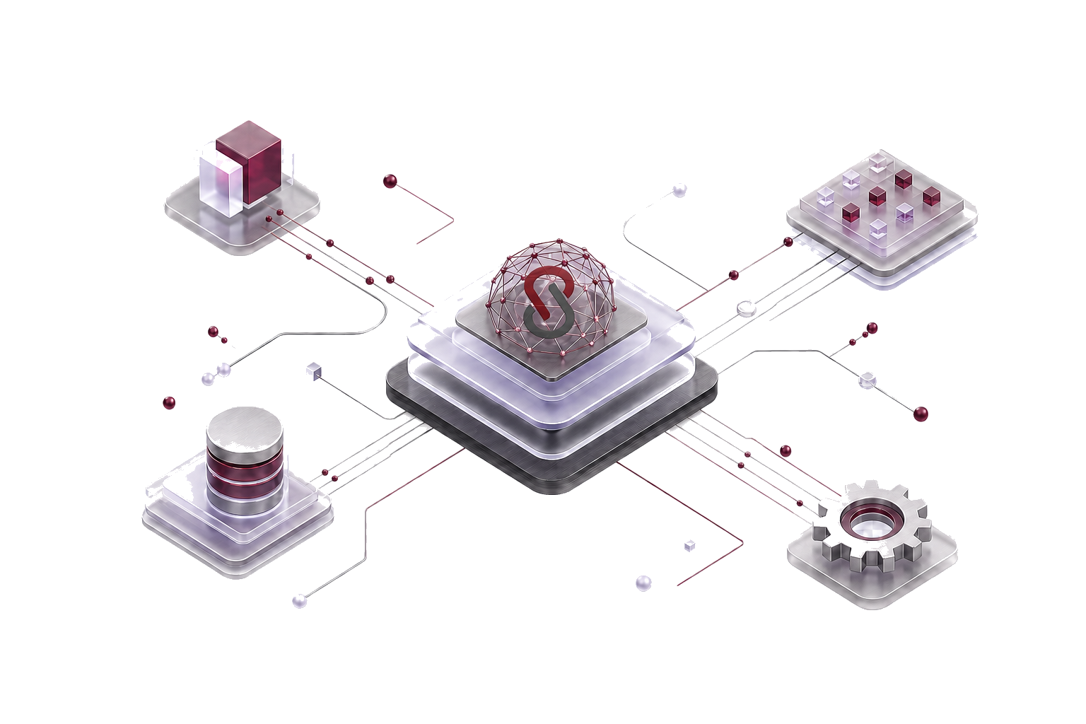 Rede de sistemas conectados representando automação, inteligência artificial e a marca Scheleder dentro de uma cúpula de vidro